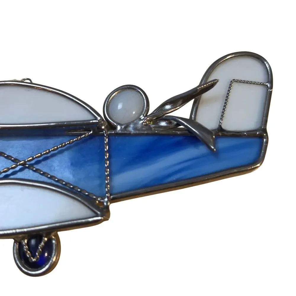 Vintage Stained Glass Biplane Suncatcher Blue White Airplane Window Ornament